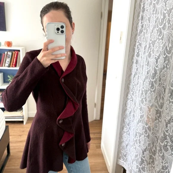 Anthropologie Rosie Neira 100% Wool Purple Ruffle Blazer Jacket Witchy S - Picture 1 of 10